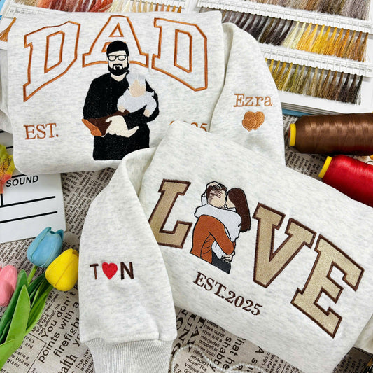 Dad Portrait Custom Embroidered Hoodie, Custom PAPA Photo Embroidery Sweatshirt, Memorial Shirt Gifts For Dad, Couple Gift,Custom Dad Hoodie