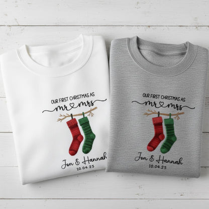Our First Christmas Married Embroidered Sweatshirt Custom Couple Names Mr and Mrs Matching Outfit Personalized Newlywed Gift 2025