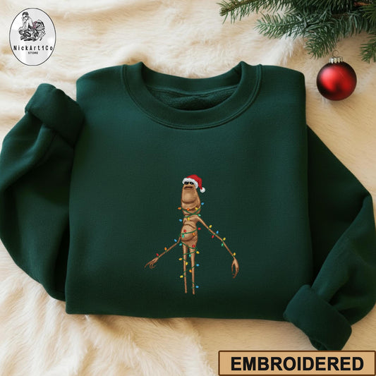 Marcus The Worm Embroidered Sweatshirt, Funny Christmas Lights Shirt, Weirdcore Holiday Gift, Meme Embroidery, Santa Worm Green Crewneck