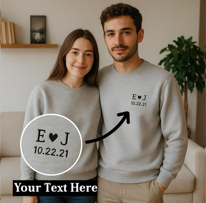 Personalized Embroidered Couple Sweatshirt, Hoodie Custom Initials Wedding Date on Left Chest Anniversary Gift T-Shirt, Valentines Day Shirt
