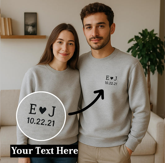 Personalized Embroidered Couple Sweatshirt, Hoodie Custom Initials Wedding Date on Left Chest Anniversary Gift T-Shirt, Valentines Day Shirt