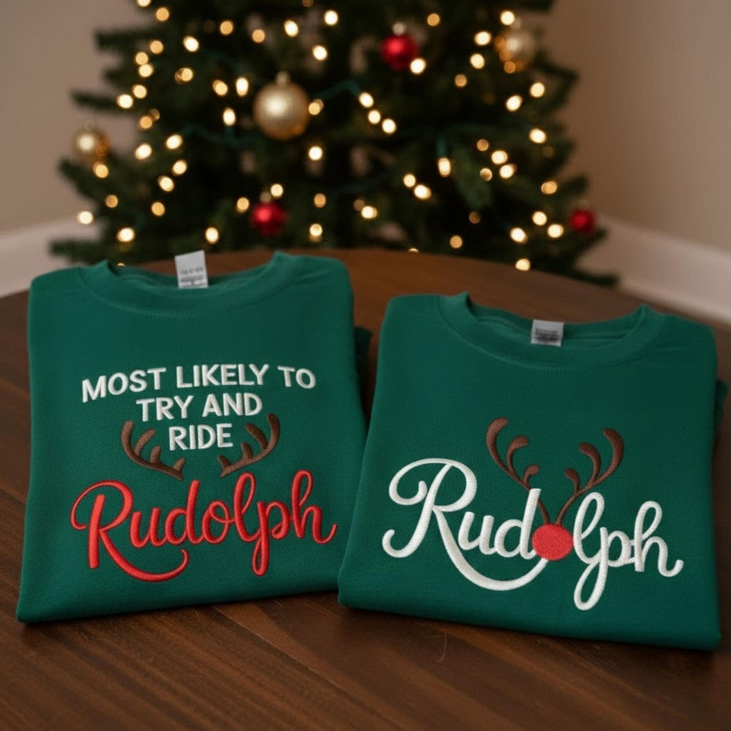 Embroidered Couples Sweatshirt Most Likely To Try And Ride Rudolph Matching Christmas Sweatshirt Funny Couple Holiday Gift His And Hers