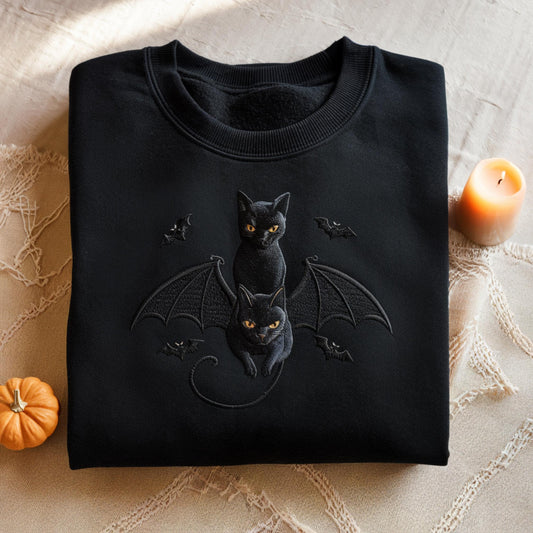 Embroidered Halloween Black Cat Sweatshirt: Gothic Bat Tee