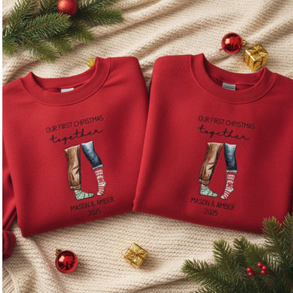 Custom Couple Embroidered Sweatshirt Our First Christmas Together Matching Mr and Mrs Outfit Personalized Names Newlywed Holiday Gift 2025