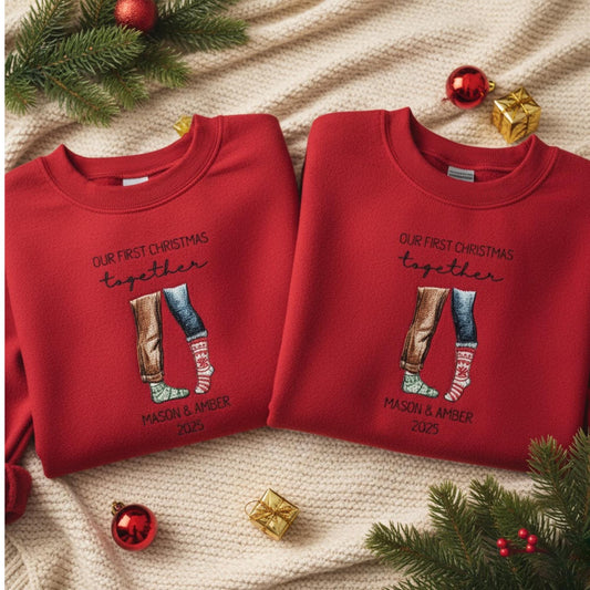 Custom Couple Embroidered Sweatshirt Our First Christmas Together Matching Mr and Mrs Outfit Personalized Names Newlywed Holiday Gift 2025