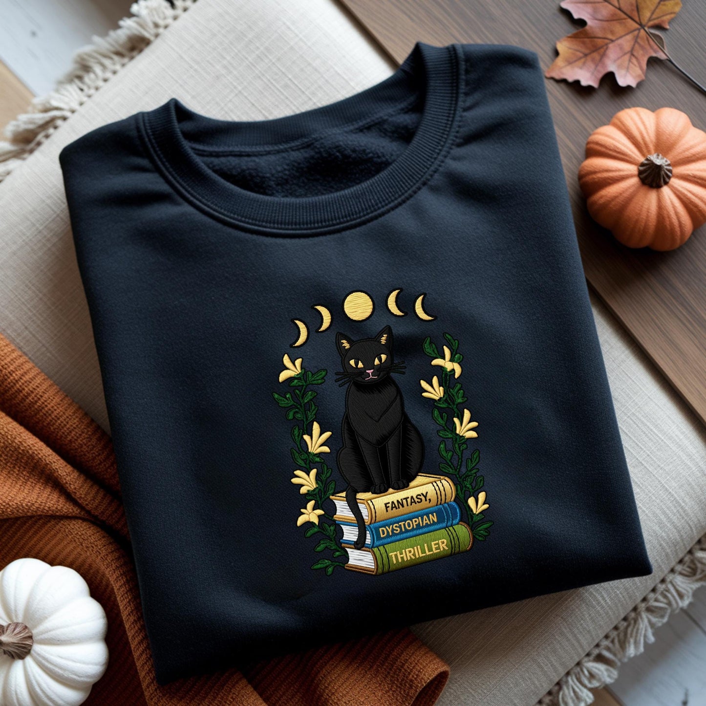 Embroidered Black Cat Sweatshirt: Celestial Moon Halloween Tee