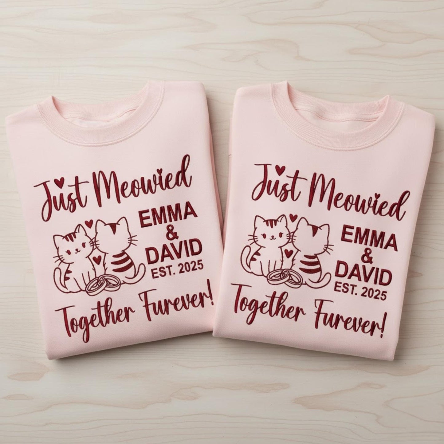 Just Married Cat Lover Embroidered Sweatshirt Custom Wedding Cats Shirt Honeymoon Matching Bride Groom Gift Personalized