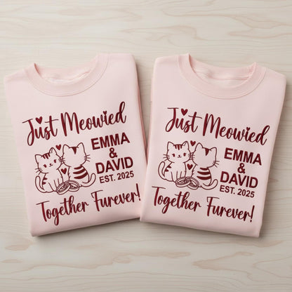 Just Married Cat Lover Embroidered Sweatshirt Custom Wedding Cats Shirt Honeymoon Matching Bride Groom Gift Personalized