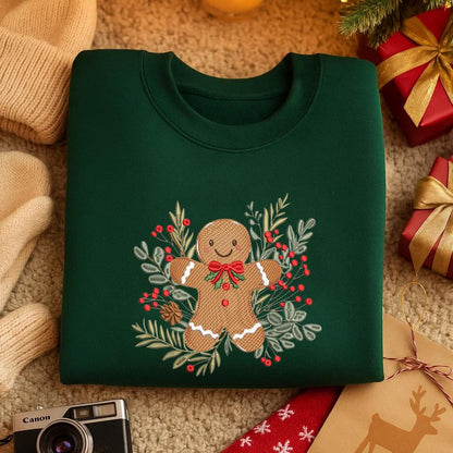 Embroidered Gingerbread Man Sweatshirt, Festive Holiday Hoodie, Christmas Decoration Outfit with Festive Flowers, Cute Xmas Gift