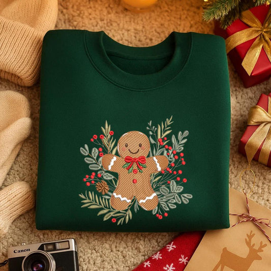 Embroidered Gingerbread Man Sweatshirt, Festive Holiday Hoodie, Christmas Decoration Outfit with Festive Flowers, Cute Xmas Gift