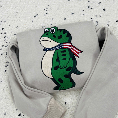 Embroidered Resist Portland Frog Sweatshirt, Cute Frog Lover Gift, Cozy Animal Crewneck, Unique Portland Hoodie, Funny Embroidered Top