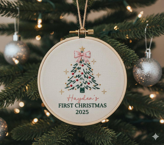 Personalized Baby's First Christmas Hand Embroidered Ornament, Handmade Holiday Decor, Unique Gift for New Baby, Custom Christmas Tree Gift 2