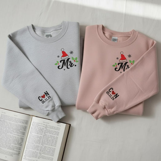 Personalized Embroidered Christmas Couple Sweatshirt Custom Initials And Anniversary Date Matching Mr And Mrs Holiday Gift