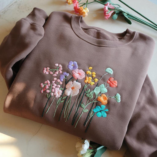 Floral Embroidered Sweatshirt Wildflower Bouquet, Cottagecore Style