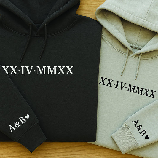 Roman Numeral Embroidered Matching Hoodie, Custom Initials With Heart Sleeve Jumper, Custom Anniversary Date Couple Hoodies, Boyfriend Gift