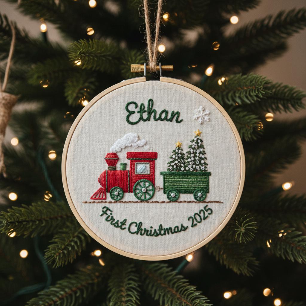 Personalized Baby's First Christmas Train Hand Embroidered Ornament, Handmade Holiday Decor, 2025 Gift for New Baby,Custom Christmas Gift 2