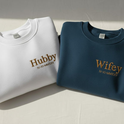 Custom Embroidered Wifey Hubby Sweatshirt Matching Couple Crewneck Wedding Gift Personalized Anniversary Date Sweater