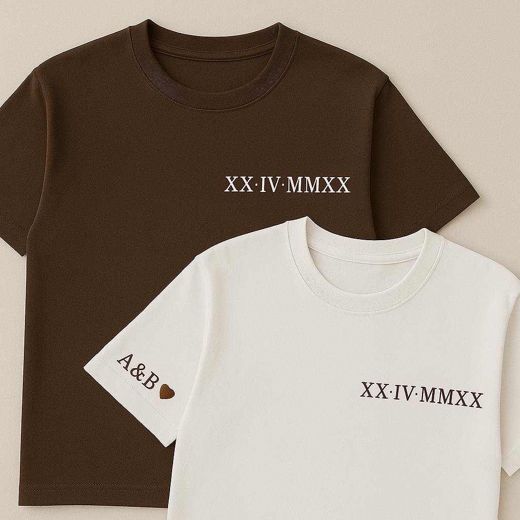 Roman Numeral Embroidered Matching T Shirt, Custom Initials tshirt With Heart Sleeve, Boyfriend Gift, Custom Anniversary Date Couple tee Top