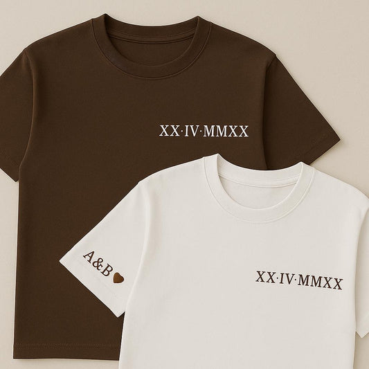 Roman Numeral Embroidered Matching T Shirt, Custom Initials tshirt With Heart Sleeve, Boyfriend Gift, Custom Anniversary Date Couple tee Top