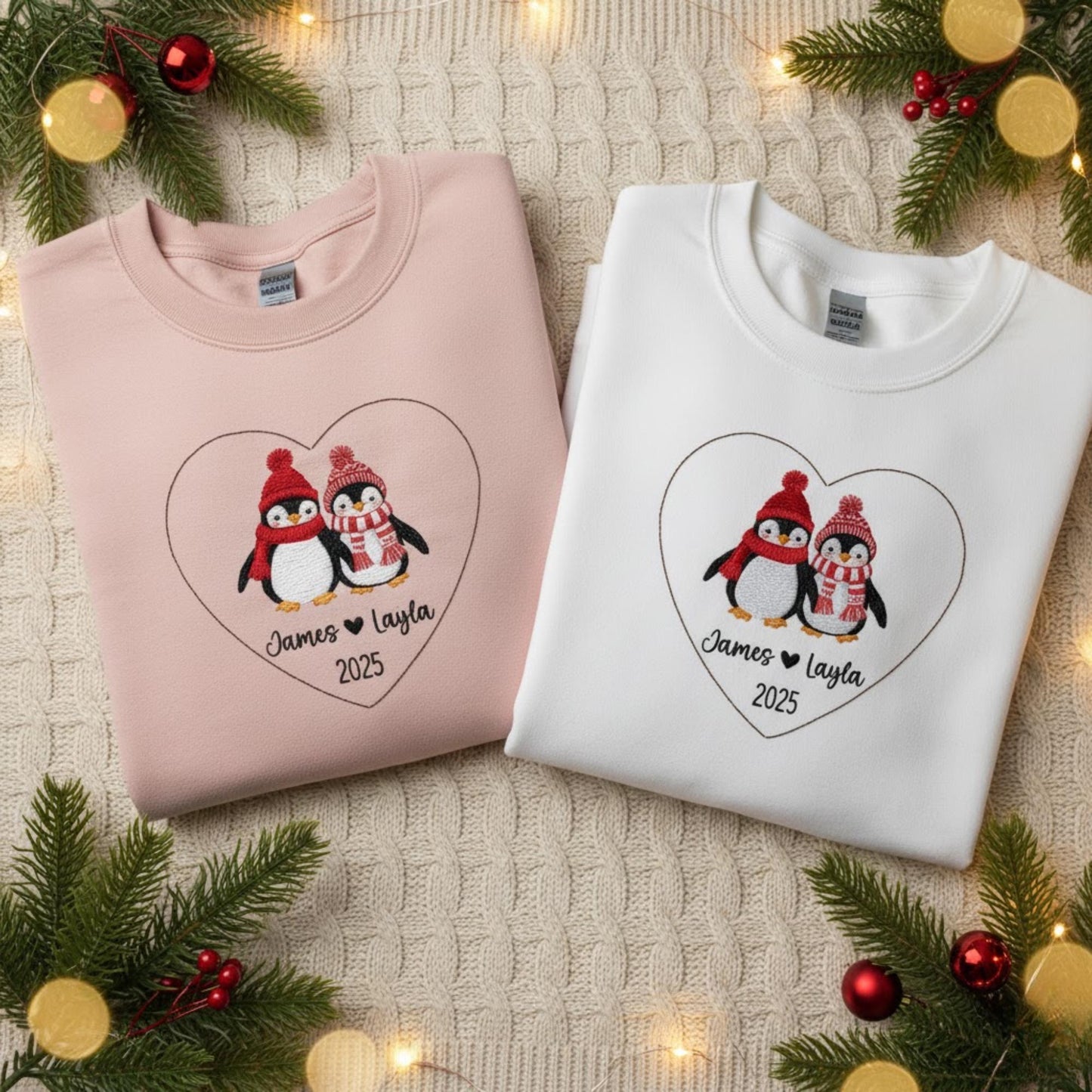 Personalized Penguin Couple Embroidered Sweatshirt Custom Names Matching Mr and Mrs Outfit Newlywed Holiday Gift Cozy Christmas Sweater 2025