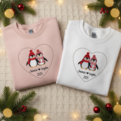 Personalized Penguin Couple Embroidered Sweatshirt Custom Names Matching Mr and Mrs Outfit Newlywed Holiday Gift Cozy Christmas Sweater 2025