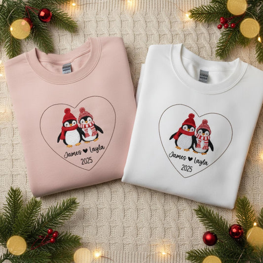 Personalized Penguin Couple Embroidered Sweatshirt Custom Names Matching Mr and Mrs Outfit Newlywed Holiday Gift Cozy Christmas Sweater 2025