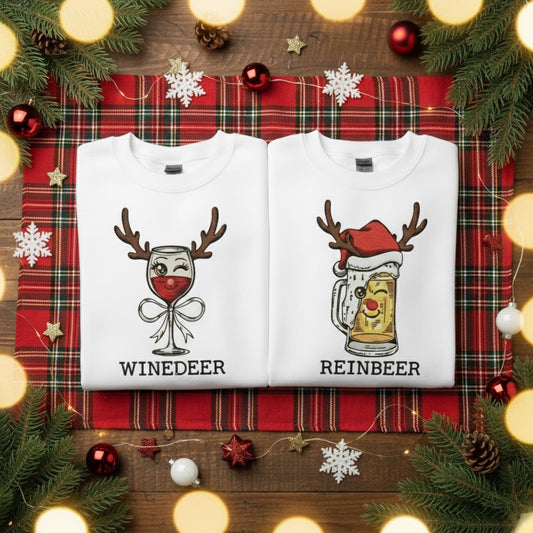 Reinbeer Winedeer embroidered Christmas sweatshirt matching couple holiday gift funny wine lover beer lover embroidered unisex crewneck