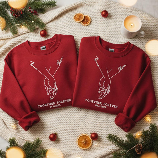 Personalized Couples Embroidered Sweatshirt Holding Hands Line Art Custom Engagement Gift Matching His Her Love Shirt