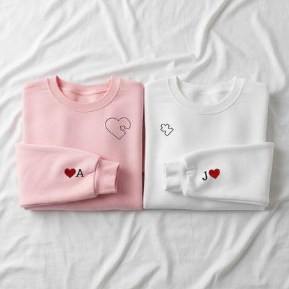 Personalized Embroidered Heart And Puzzle Piece Sweatshirt Matching Couples Gift Anniversary Valentines Day Gift For Boyfriend Girlfriend