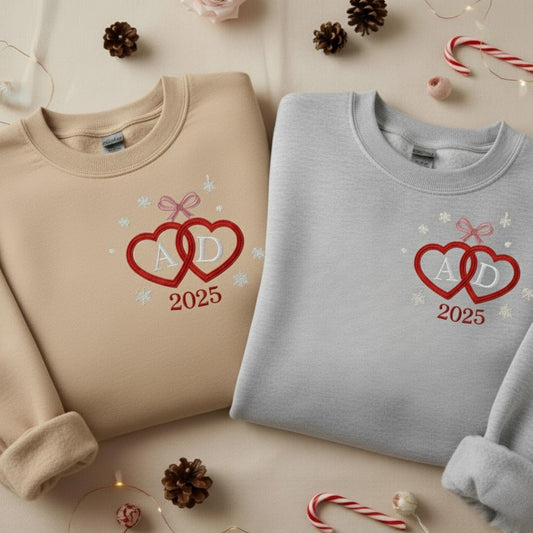 Heart Bow Embroidered Sweatshirt Personalized Couple Christmas and Valentine Gift, Custom Initials Monogram Shirt, Romantic Matching Outfit