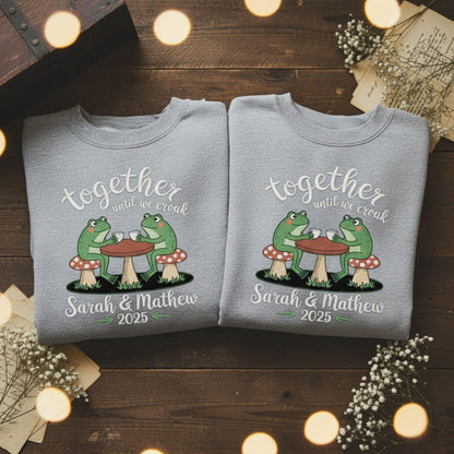 Embroidered matching couples sweatshirt cute frog couple illustration his and hers anniversary Valentine gift cozy holiday outfit