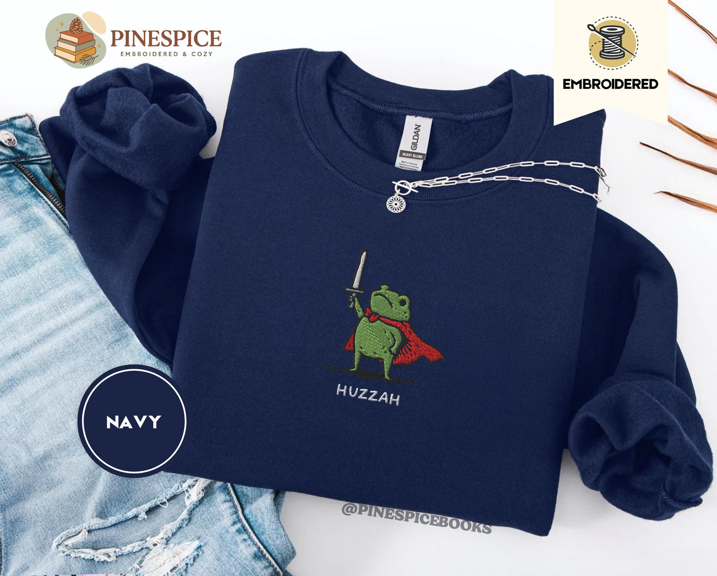 Huzzah Frog Sweatshirt, Embroidered Gildan 18000, Funny DnD Pullover, Renaissance Faire Frog Crewneck, Medieval Fantasy Gamer Gift