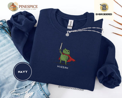 Huzzah Frog Sweatshirt, Embroidered Gildan 18000, Funny DnD Pullover, Renaissance Faire Frog Crewneck, Medieval Fantasy Gamer Gift