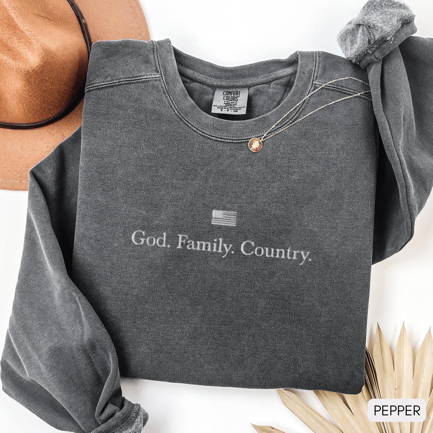 God. Family. Country. Embroidered Sweatshirt with Charlie Kirk Sleeve | vintage crewneck, american sweatshirt, christian sweatshirt