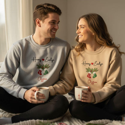Personalized Couple Christmas 2025 Embroidered Sweatshirt Matching Holiday Outfit Custom Name Stocking Design Winter Gift for Him Her