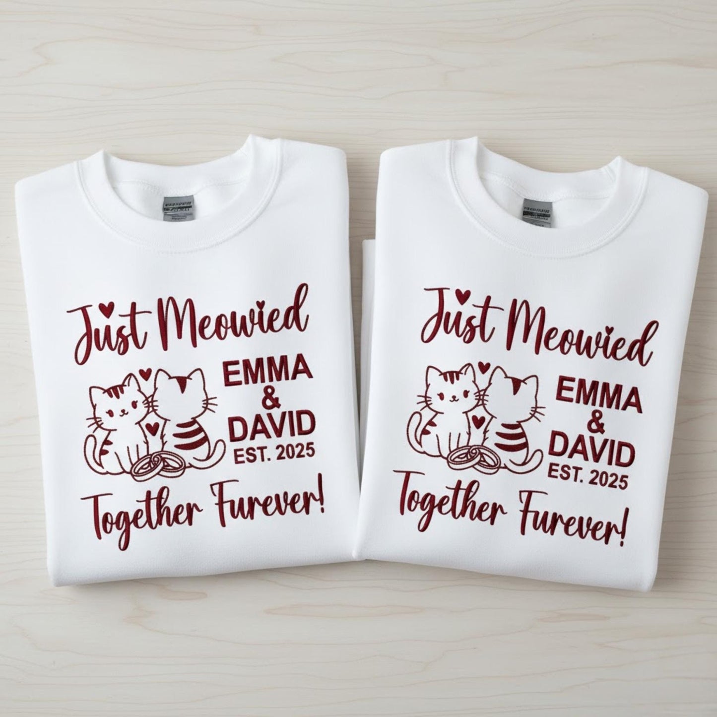 Just Married Cat Lover Embroidered Sweatshirt Custom Wedding Cats Shirt Honeymoon Matching Bride Groom Gift Personalized