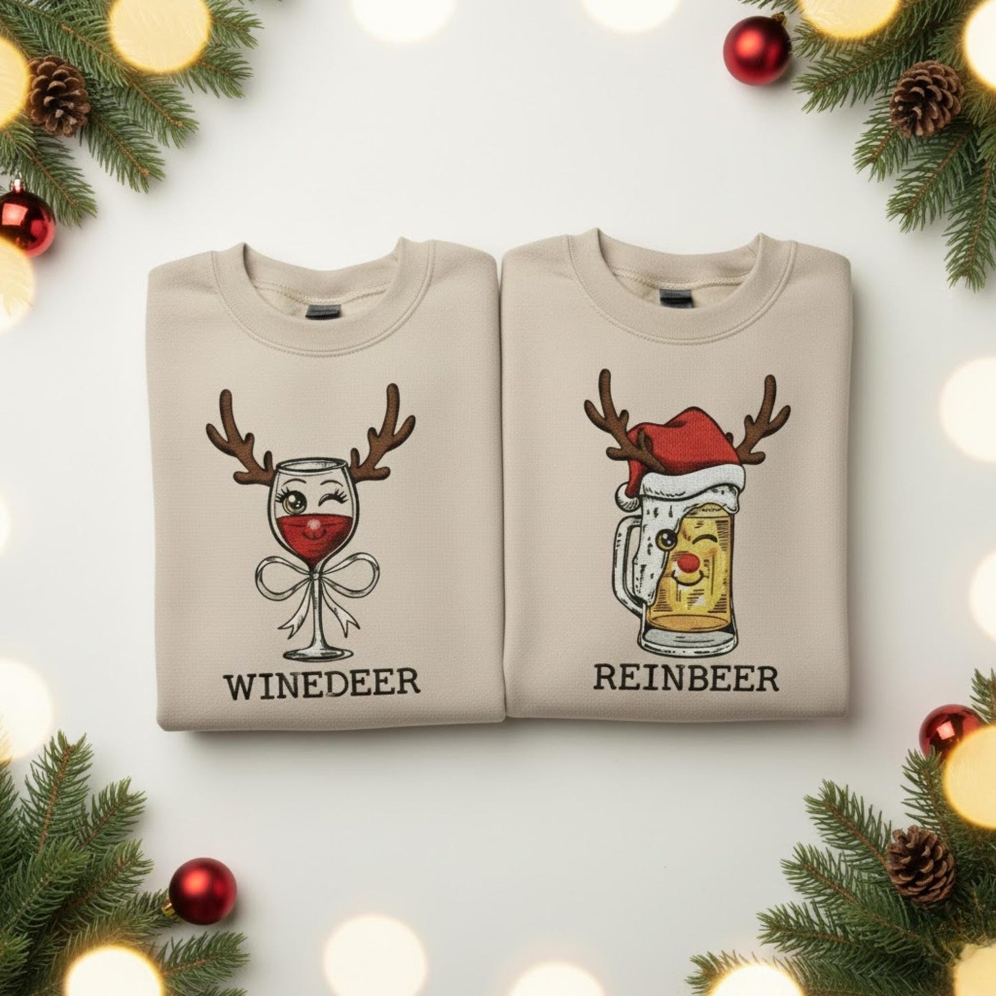 Reinbeer Winedeer embroidered Christmas sweatshirt matching couple holiday gift funny wine lover beer lover embroidered unisex crewneck