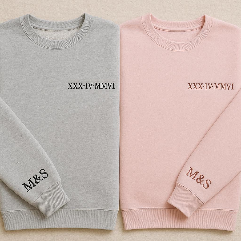 Roman Numeral Embroidered Matching T Shirt, Custom Initials tshirt With Heart Sleeve, Boyfriend Gift, Custom Anniversary Date Couple tee Top