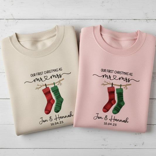 Our First Christmas Married Embroidered Sweatshirt Custom Couple Names Mr and Mrs Matching Outfit Personalized Newlywed Gift 2025