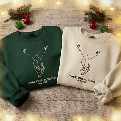 Personalized Couples Embroidered Sweatshirt Holding Hands Line Art Custom Engagement Gift Matching His Her Love Shirt