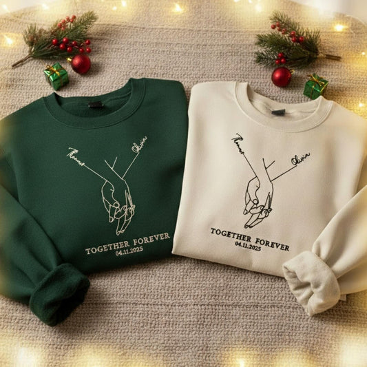 Personalized Couples Embroidered Sweatshirt Holding Hands Line Art Custom Engagement Gift Matching His Her Love Shirt