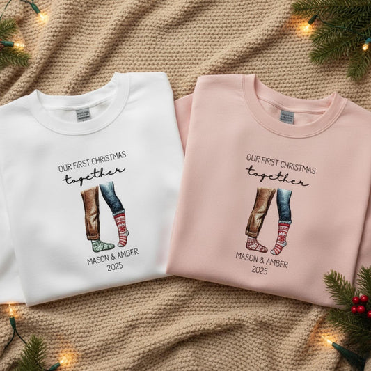 Custom Couple Embroidered Sweatshirt Our First Christmas Together Matching Mr and Mrs Outfit Personalized Names Newlywed Holiday Gift 2025