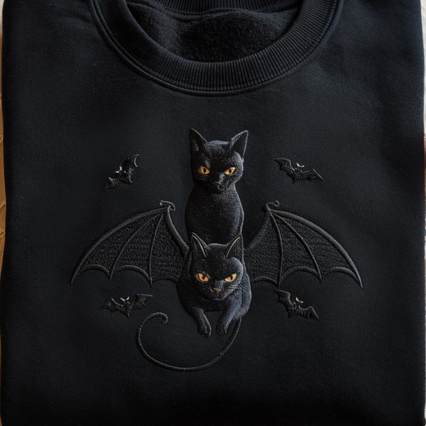 Embroidered Halloween Black Cat Sweatshirt: Gothic Bat Tee
