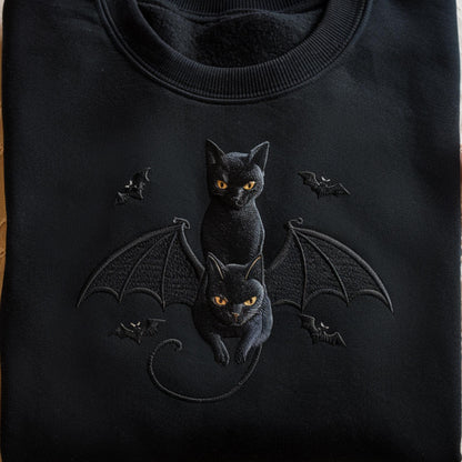 Embroidered Halloween Black Cat Sweatshirt: Gothic Bat Tee