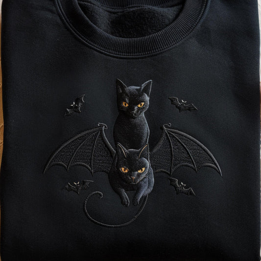 Embroidered Halloween Black Cat Sweatshirt: Gothic Bat Tee