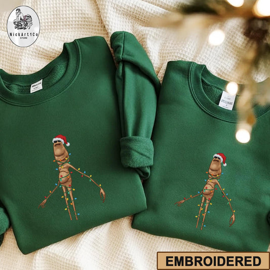 Marcus The Worm Embroidered Sweatshirt, Funny Christmas Lights Shirt, Weirdcore Holiday Gift, Meme Embroidery, Santa Worm Green Crewneck