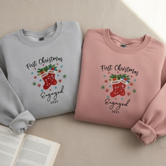 First Christmas Engaged Personalized Embroidered Sweatshirt Couple Engagement Gift Matching Christmas Outfit Newly Engaged Apparel