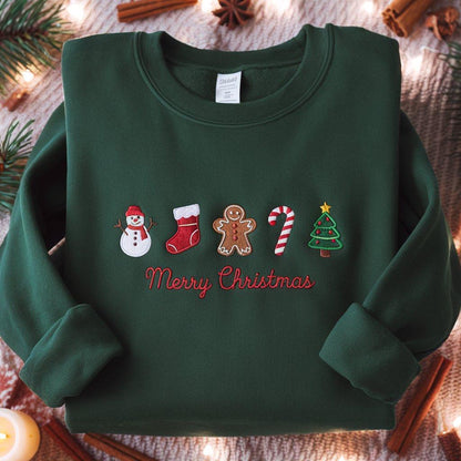 Embroidered Gingerbread Xmas Sweatshirt, Embroidered Snowman Sweatshirt, Embroidered Christmas Stock Sweatshirt, Candy Cane Shirt, Pine Tree
