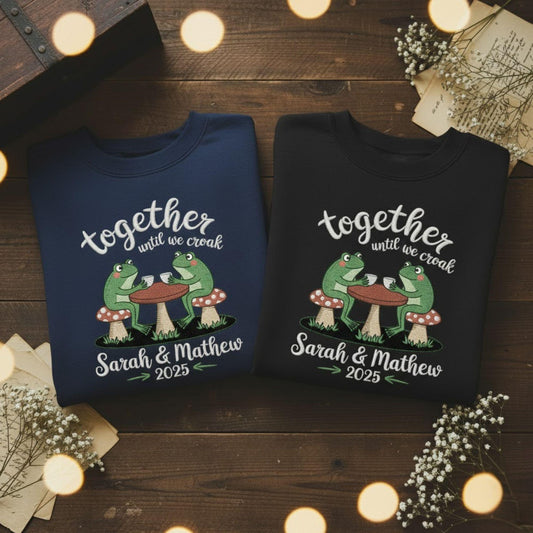 Embroidered matching couples sweatshirt cute frog couple illustration his and hers anniversary Valentine gift cozy holiday outfit