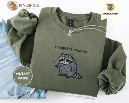 I require snacks sweatshirt, feral embroidered raccoon sweater, funny cozy gildan 18000, funny unhinged gift, embroidered animal sweatshirt